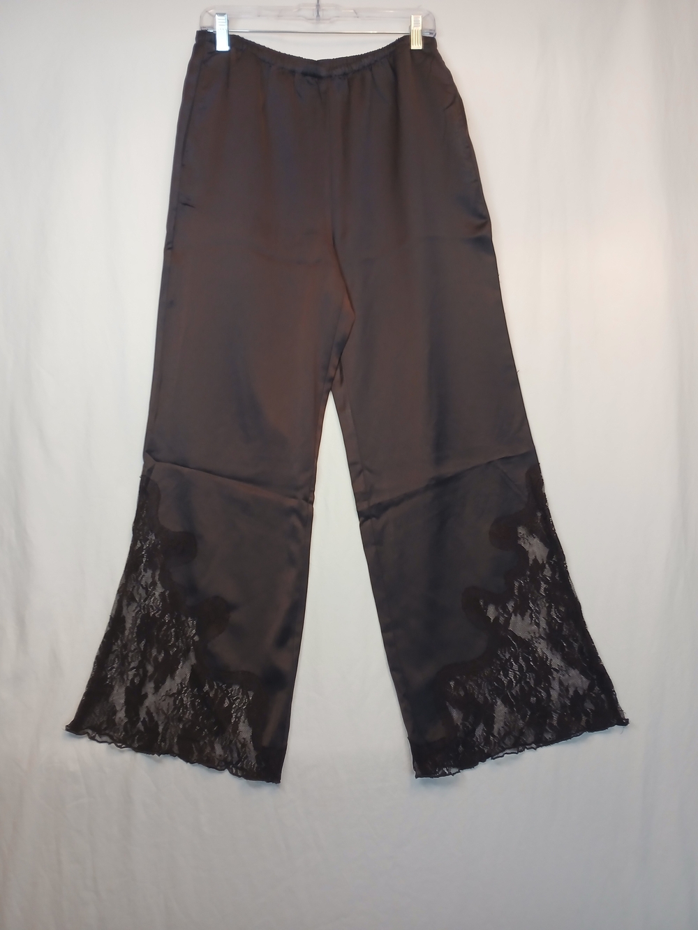 Brown Satin Lace Hem Wide Leg Pants L New! Brit The Label